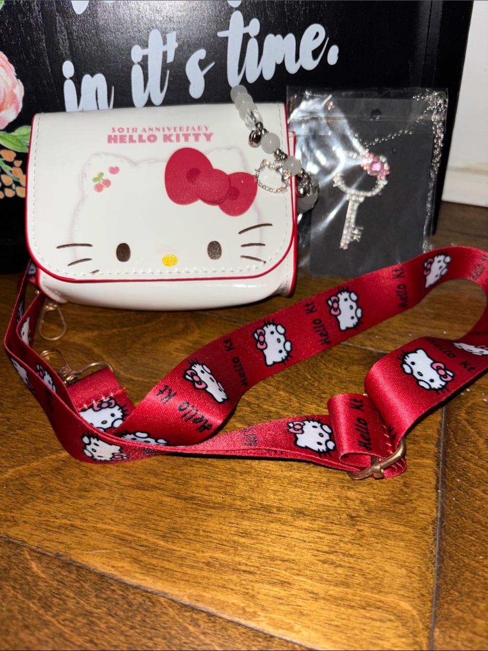 Set of Hello Kitty White Mini Crossbody Bag with Red Lanyard Adjustable Strap